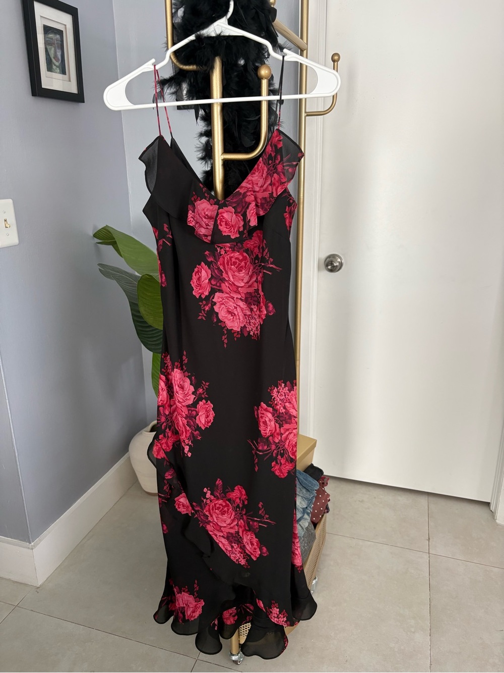 Express Black Midi Dress with Pink Rose Print and Ruffle Trim